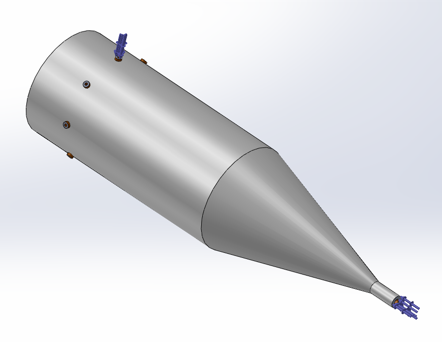 the structure's 3D view in SolidWorks (Input and one output port are indicated) 