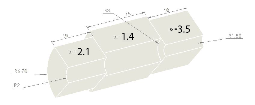 Koaxialkabel mit Unterbrechungen (oben) mit Abmessungen (unten)