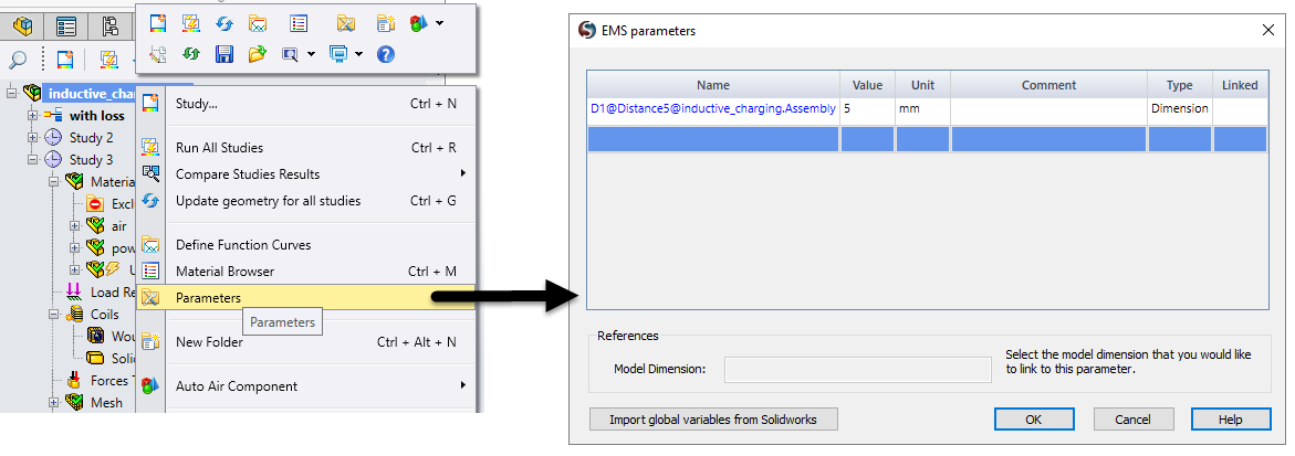 Selecting a SolidWorks dimension as a parameter
