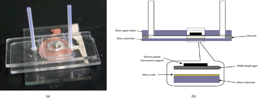  A picture of the fabricated micro-pump [1] a). and its schematic illustration b).