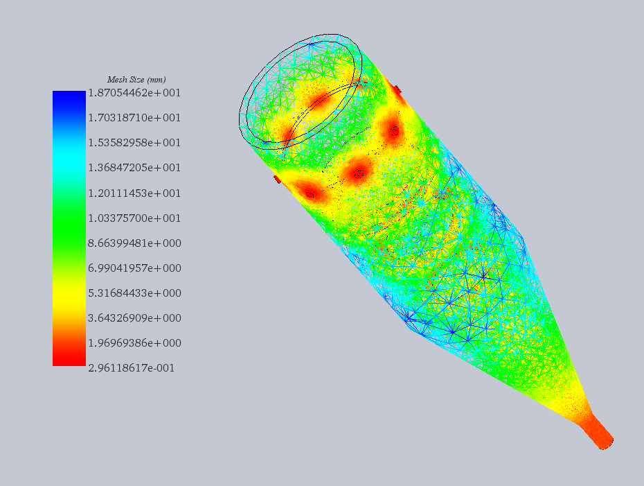 Colored mesh of the structure along side the impedance matching section