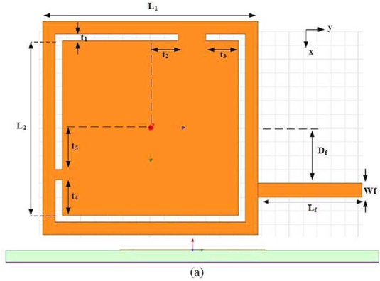 Schematic diagram (top and side view) of the main geometrical parameters of the mm-Wave patch antenna