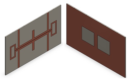 Das 3D-SOLIDWORKS-Modell der kompakten planaren Frequenzweiche (Vorder- und Endansicht)