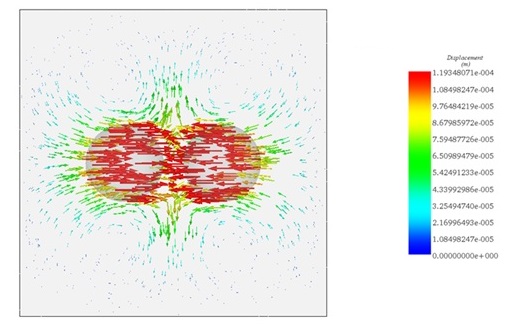 Vector plot of displacement in the plane passing through the gravity center of the spheres