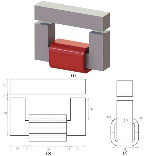 a) 3D design, b) frontal and c) side view of the DC contactor