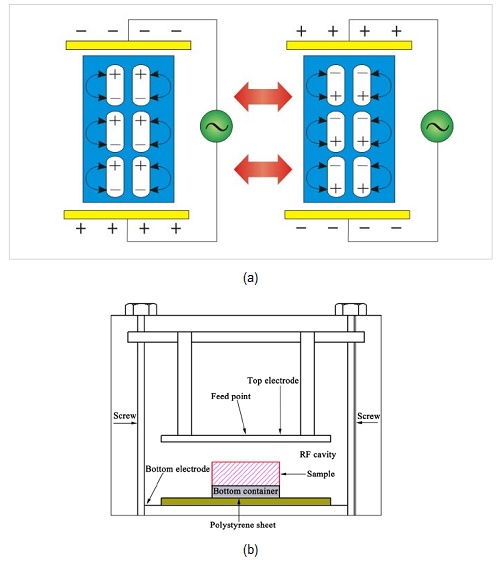 a)-Effect of electrodes polarity on the Molecules polarity [2] b)- Schematic illustration of the RF heating process [3]