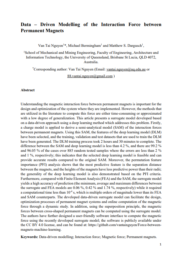 Data – Driven Modelling of the Interaction Force between Permanent Magnets