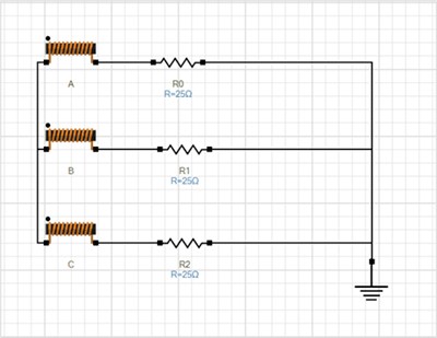 Modeled circuit of the generator windings and the connected loads