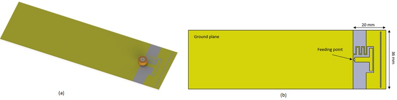  a) 3D design and b)  front view of the studied antenna 