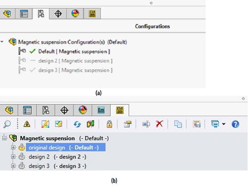 a) Multi-Configurations feature page, b) EMWorks2D tree with multi-configurations