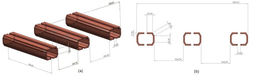 The studied busbars CAD models, a) 3D model, b) 2D model