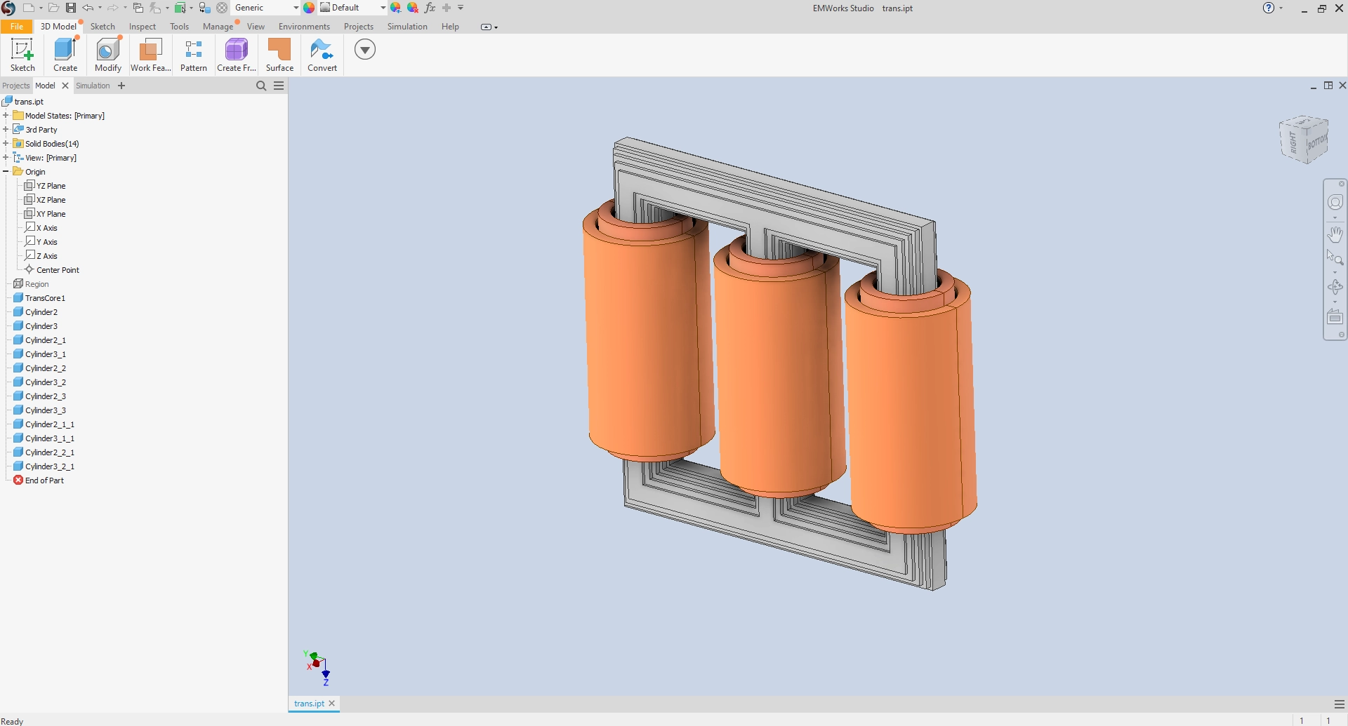 3D CAD model of a transformer core and coils created using Autodesk Inventor OEM inside the EMWORKS platform, demonstrating integrated modeling and simulation workflow.