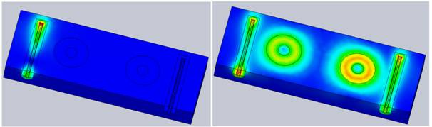 Verteilung der elektrischen Feldvektoren (bei 4 GHz (links) und 4,56 GHz (rechts))