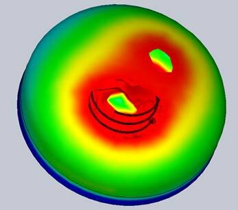 3D-Nahfeldverteilung eines Dipols der Antenne bei 2,45 GHz (Iso (links) und Section (rechts) Clipping)