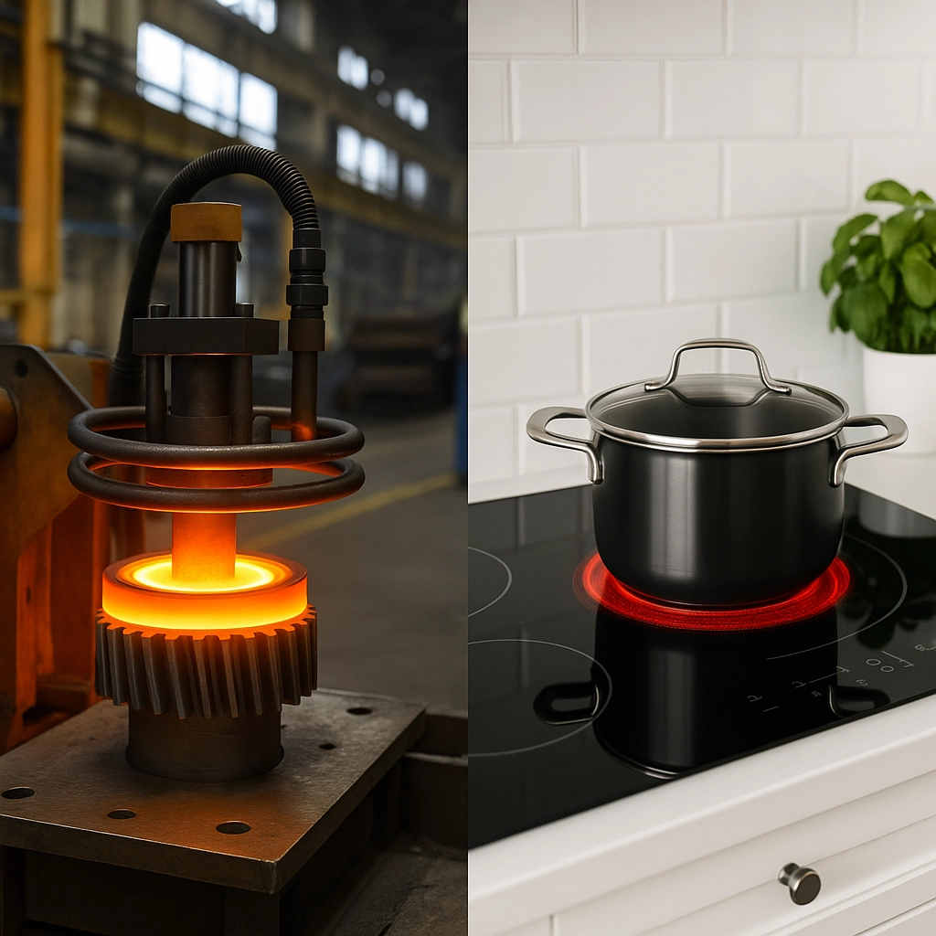 Examples of induction heating from heavy industry to consumer applications, showing both factory use and kitchen induction cooking.