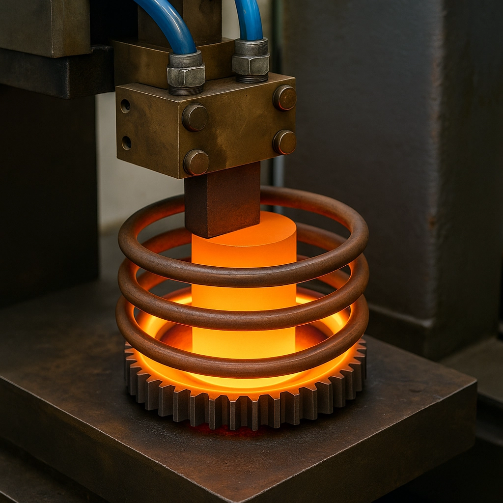 Industrial induction heating machine applying heat to a metal component with a copper coil.