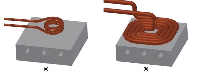 Comparison of two induction heating coil layouts: a poor coil design with uneven heating potential and an optimized coil design for better heat distribution, shown in a 3D model.